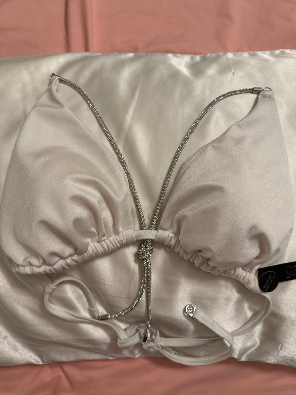 Victoria's Secret Satin Triangle swim white with Silver Rhinestone Straps.